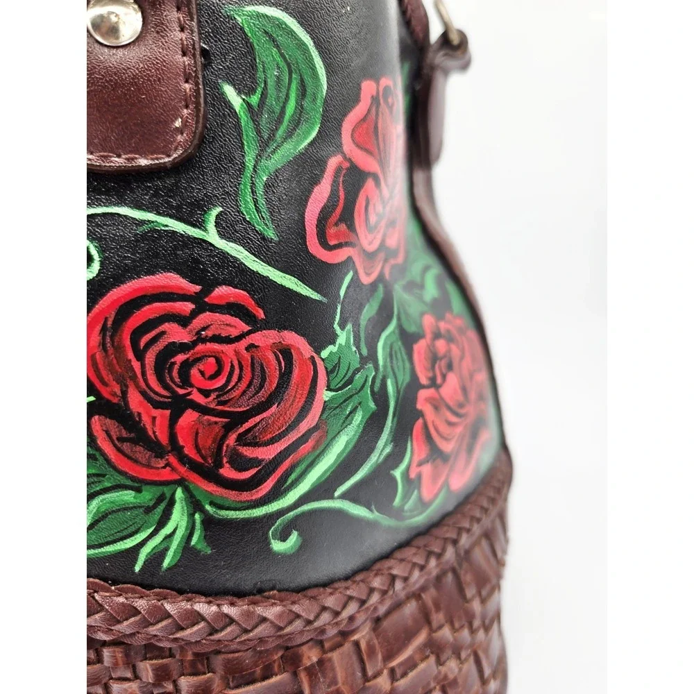 Vintage Black Brown Roses Handpainted Satchel Bag  Upcrafted Braided Woven Heart